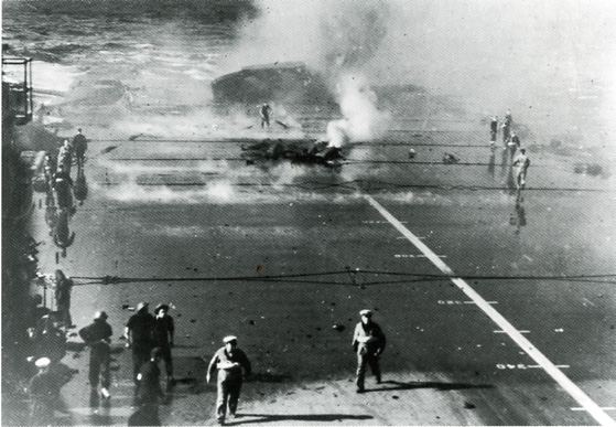 Damage on HMS Illustrious after the German dive-bomber attack of 10 January 1941 during Operation Excess.