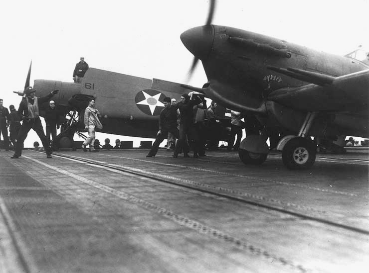 A Spitfire Vc prepares to launch from USS Wasp for Malta on 9 May 1942 during Operation Bowery.