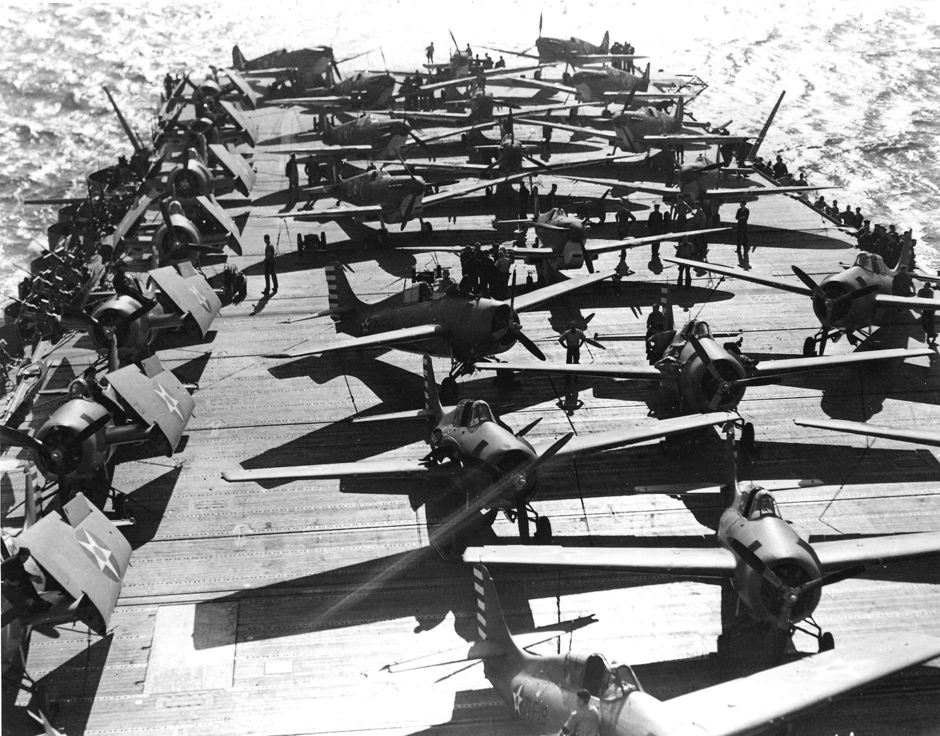 RAF Spitfire Vcs on USS Wasp on 19 April 1942, one day before their launch for Malta during Operation Calendar.